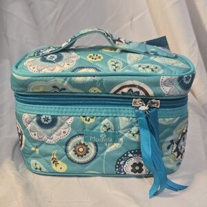 Modella Teal Floral Cosmetic Bag Quilted Mini Train Case